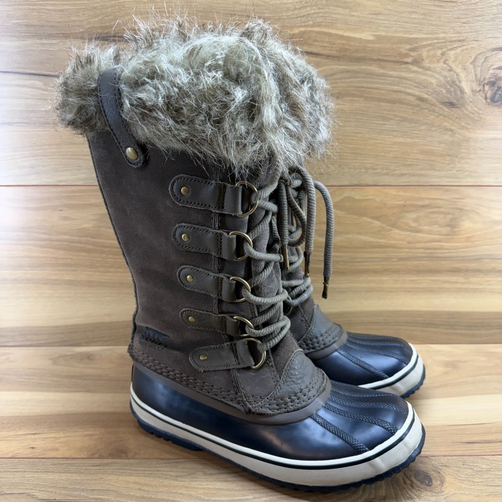 Sorel Joan Of Arctic Boots FLAW‎ 7 Greige Suede Snow Faux Fur Winter Waterproof